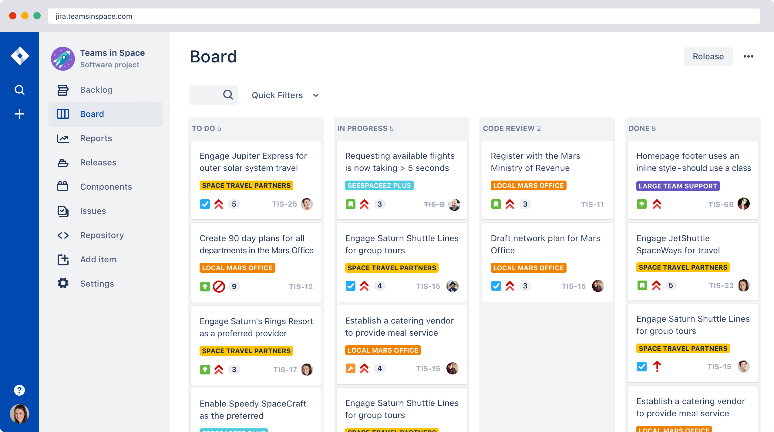 Tableau Jira utilisé pour illustrer les formations Jira